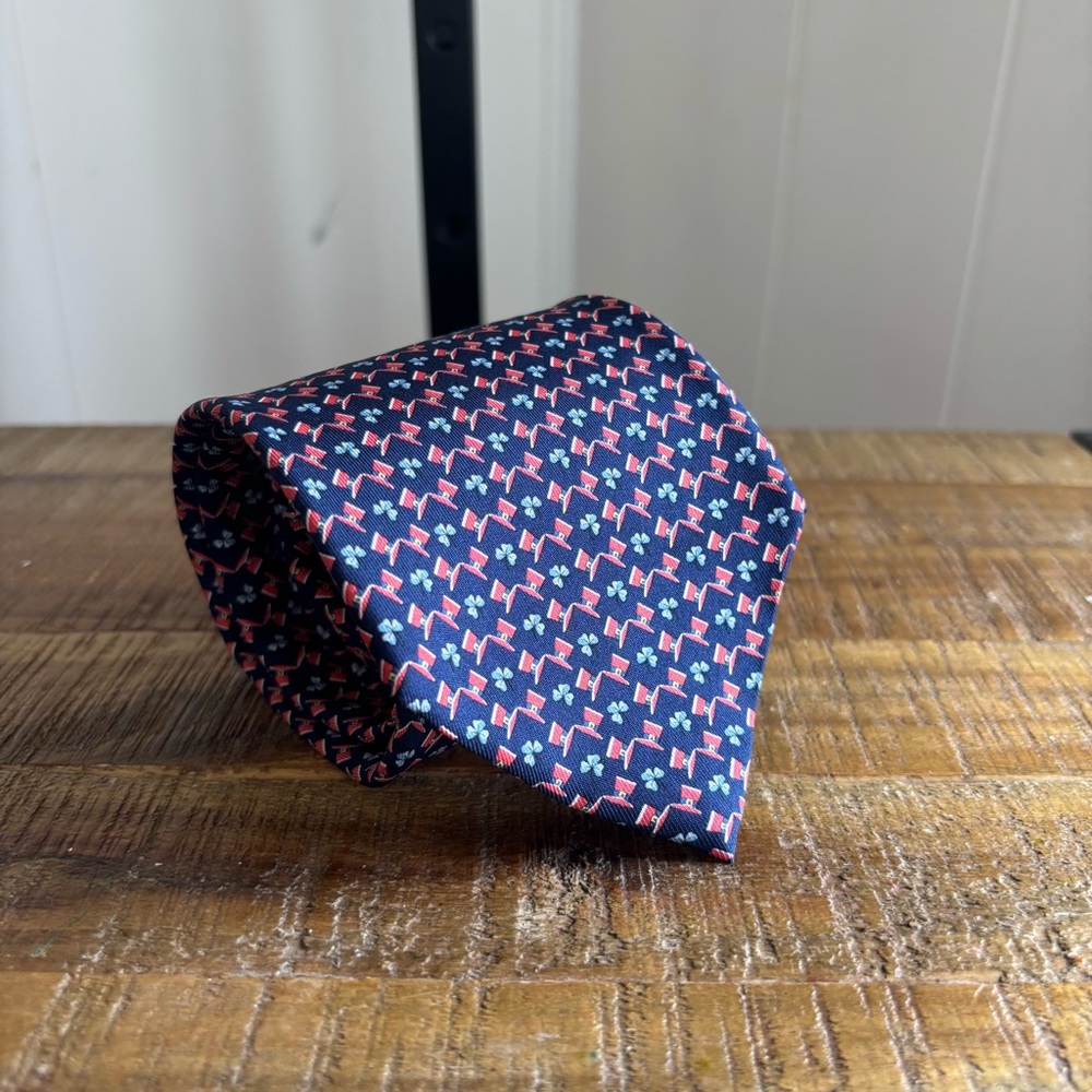 SALVATORE FERRAGAMO Buckled Hat Clover Blue Silk Tie Italy 59” Long 3.75” Wide
